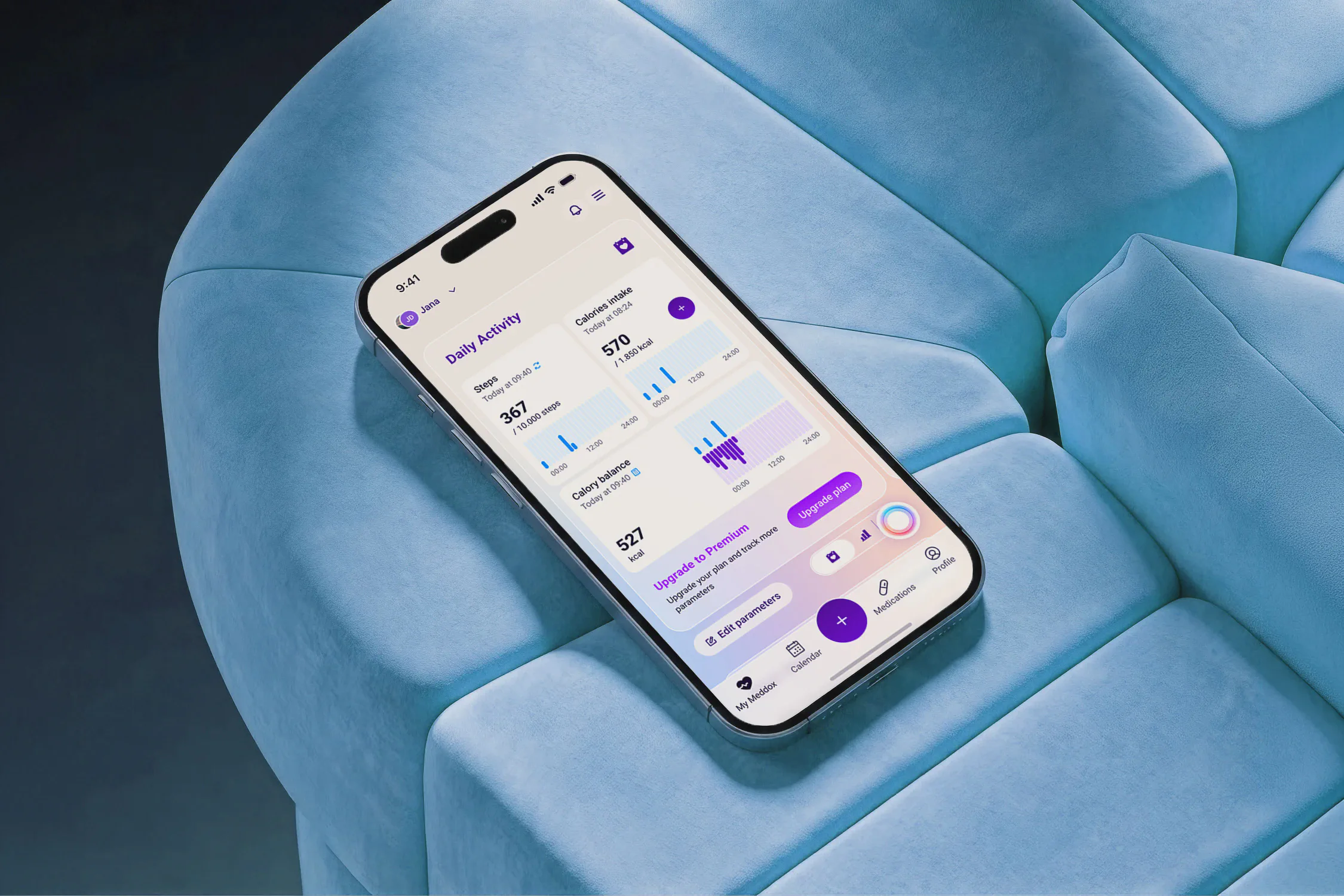 The Meddox mobile app displaying a daily health activity dashboard on an iPhone